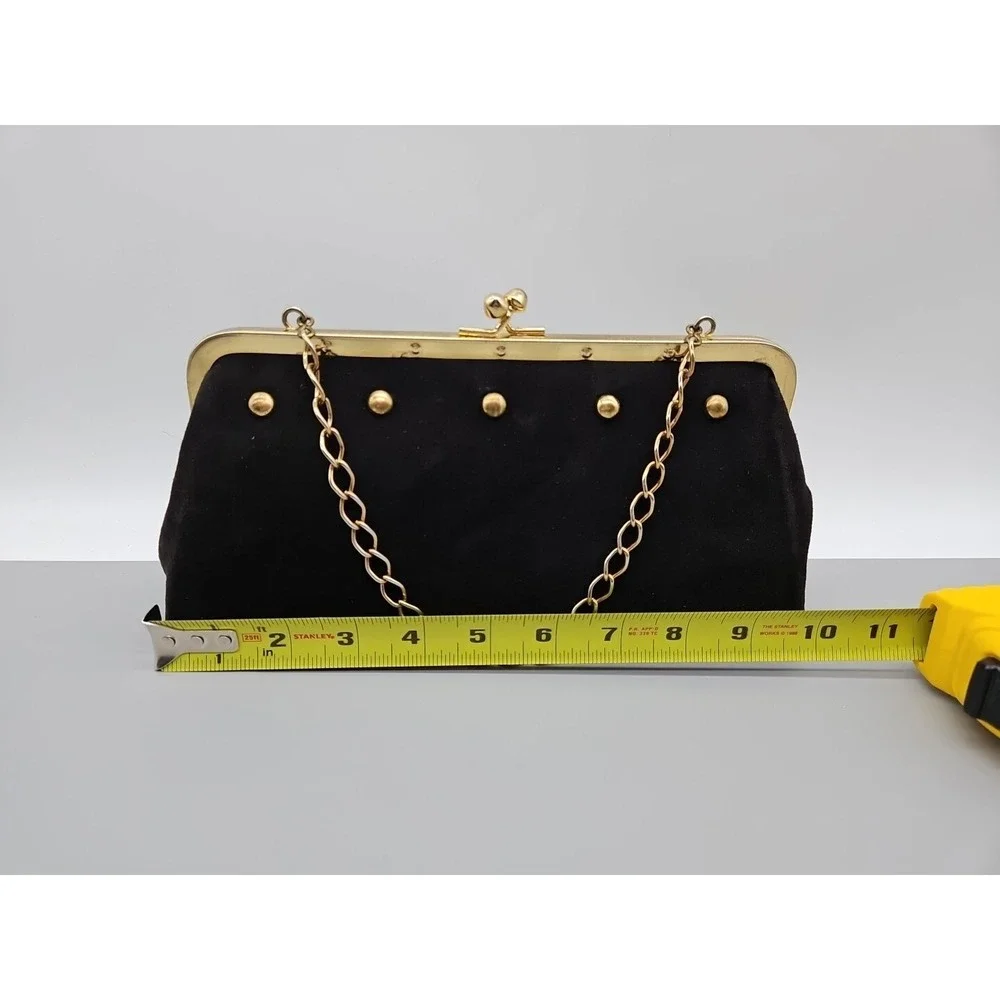 Vintage Black Suede Kiss Lock Evening Clutch Gold Studded Chain Strap Bag